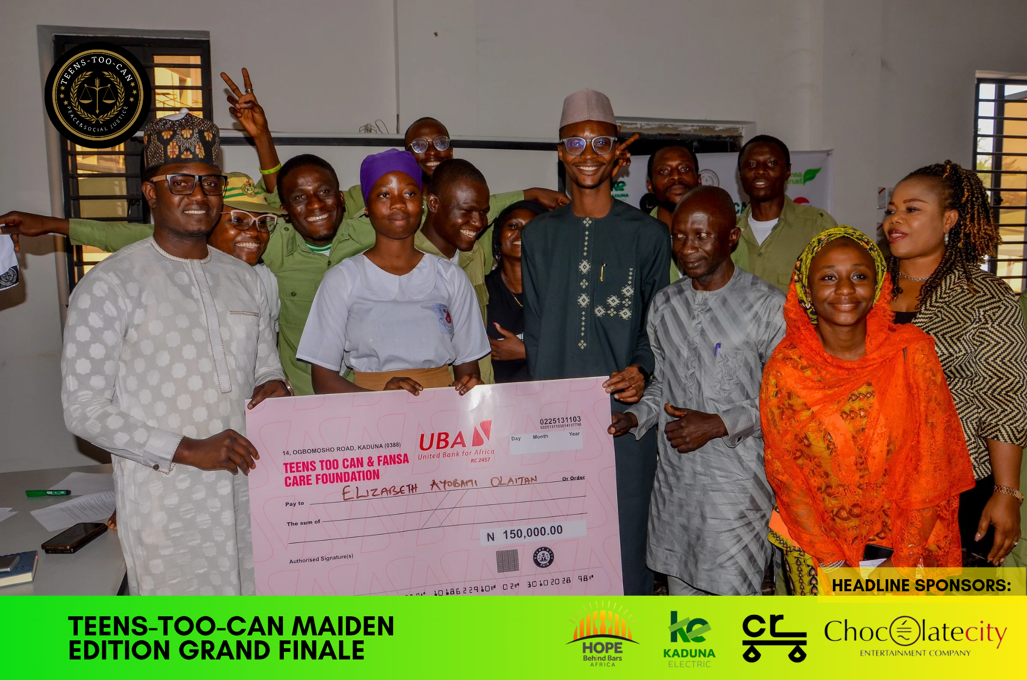 Teens Too Can Maiden Edition Grand Finale — student Elizabeth Ayobami Olaitan receives a ₦150,000 scholarship award, supported by the Foundation's civic education network